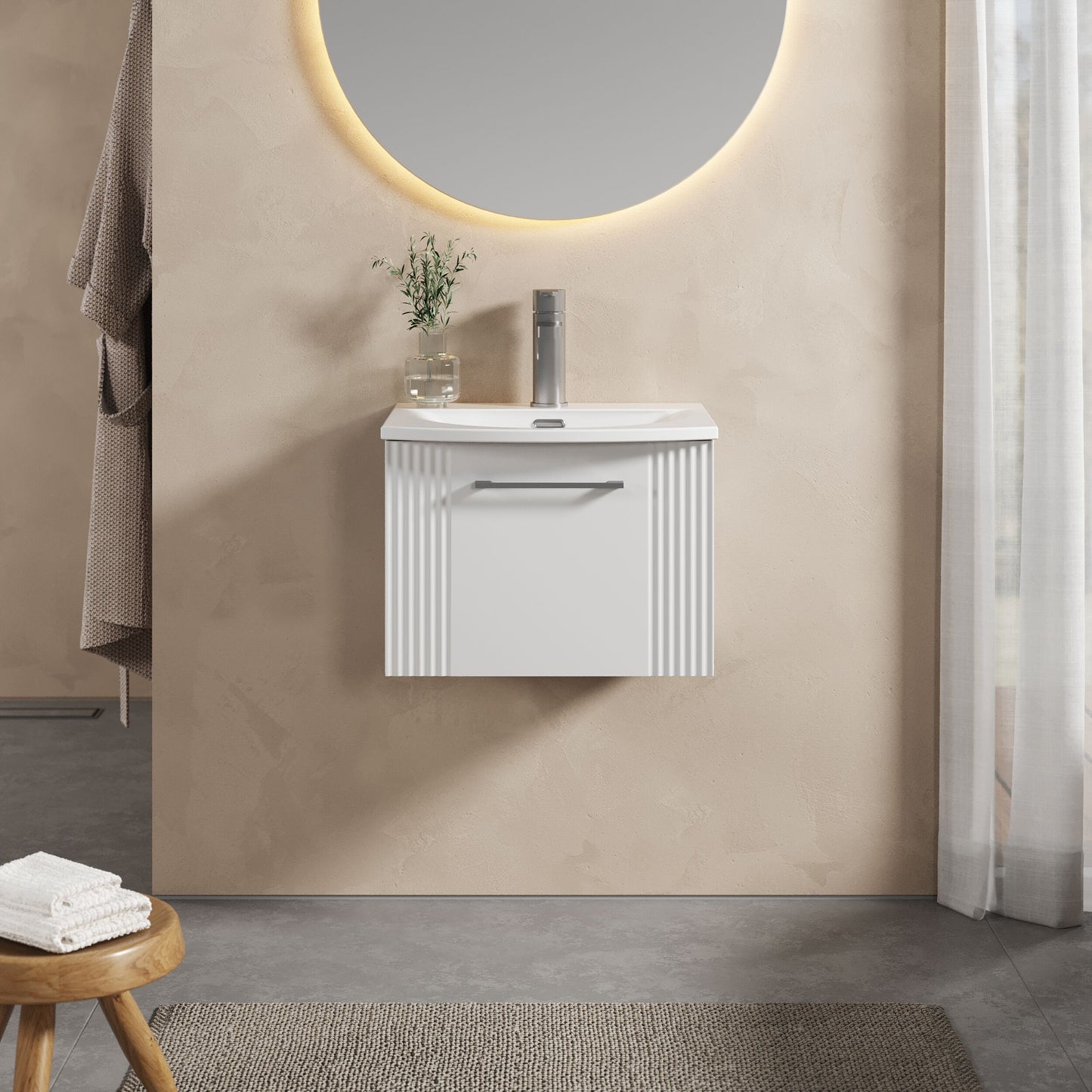 [BFPF191G] Partial Fluted 1 Drawer Wall Hung Vanity Unit with 1 Tap Hole Curved Basin- 500mm - Satin White - Lifestyle 1