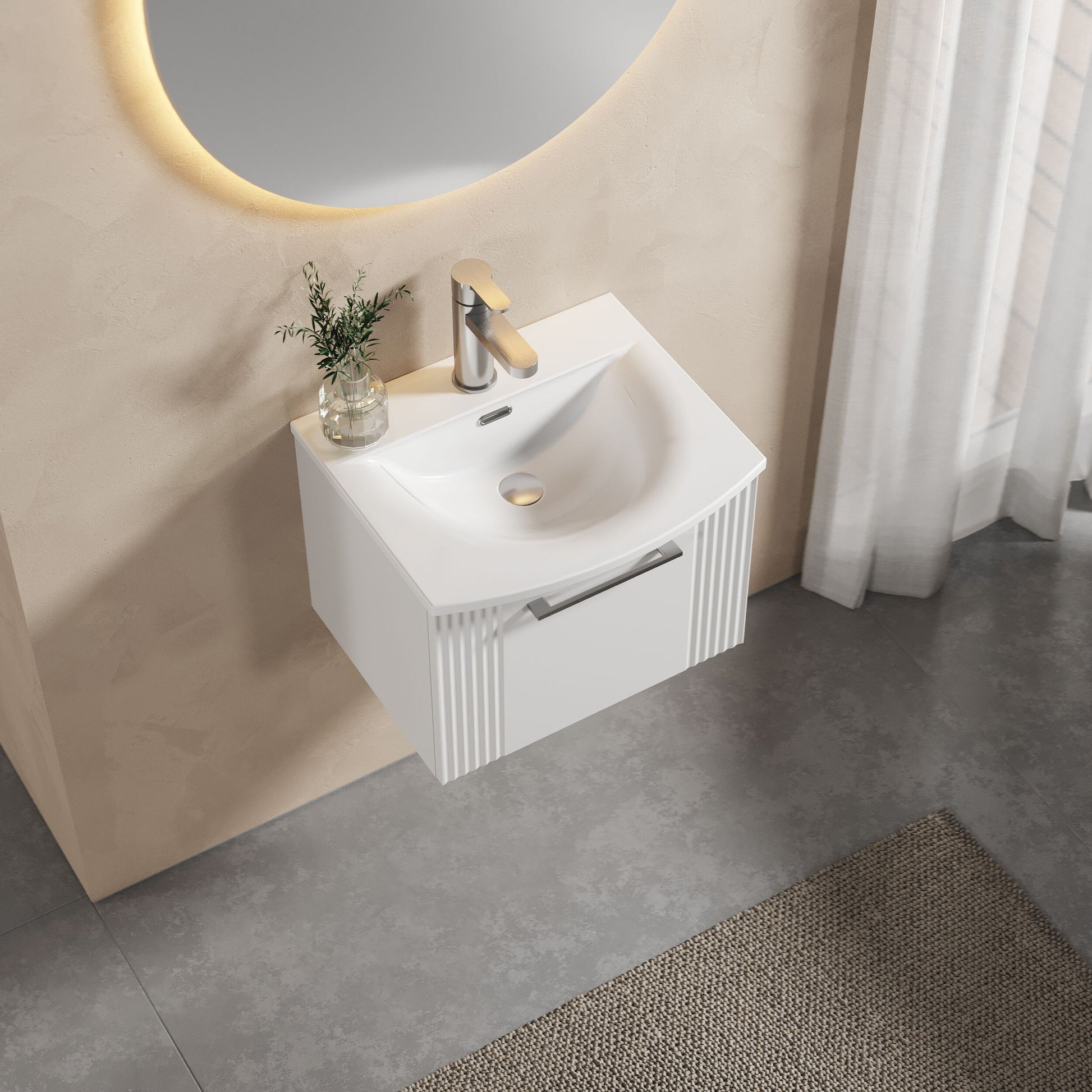 [BFPF191G] Partial Fluted 1 Drawer Wall Hung Vanity Unit with 1 Tap Hole Curved Basin- 500mm - Satin White - Lifestyle 2