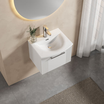 [BFPF191G] Partial Fluted 1 Drawer Wall Hung Vanity Unit with 1 Tap Hole Curved Basin- 500mm - Satin White - Lifestyle 2