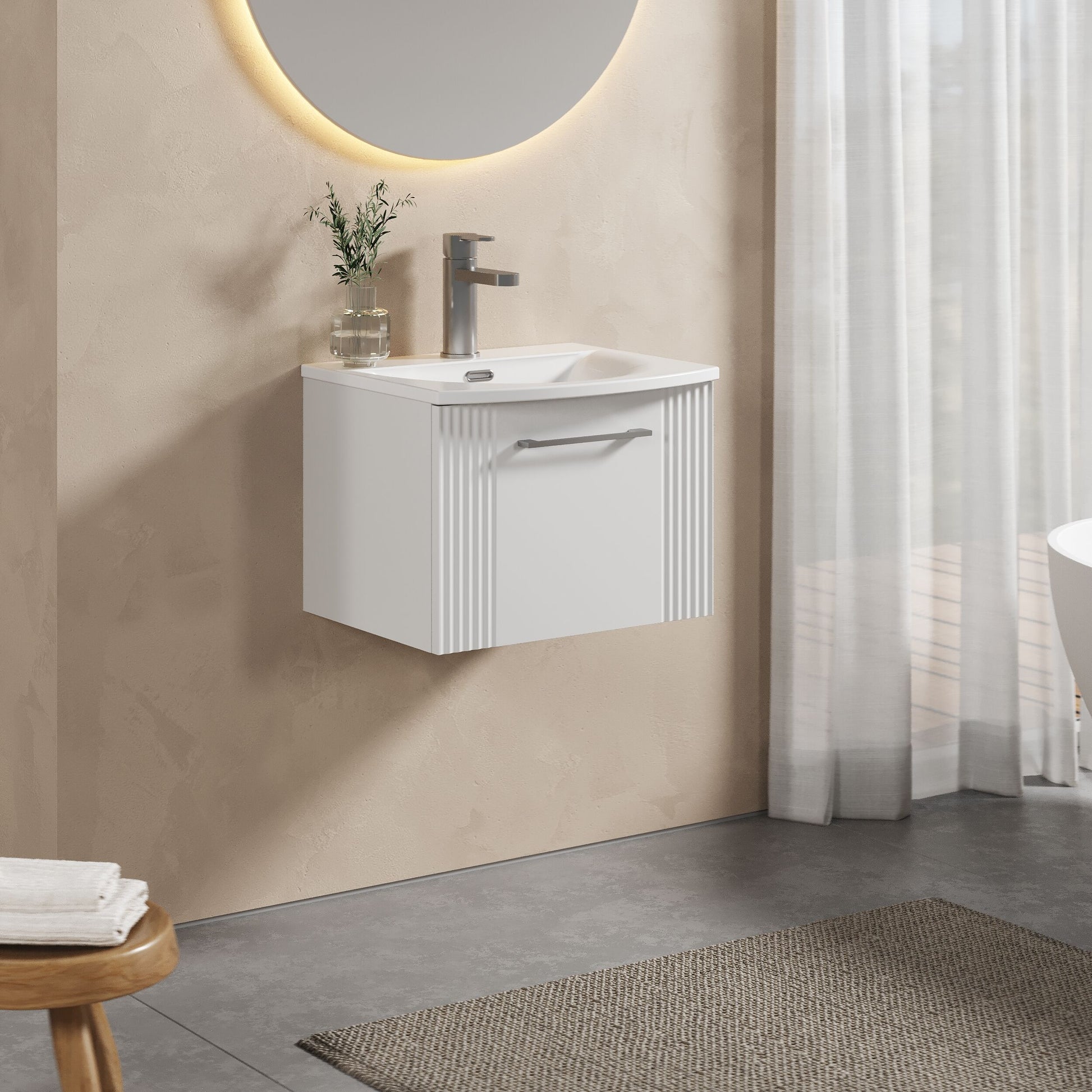 [BFPF191G] Partial Fluted 1 Drawer Wall Hung Vanity Unit with 1 Tap Hole Curved Basin- 500mm - Satin White - Lifestyle 3