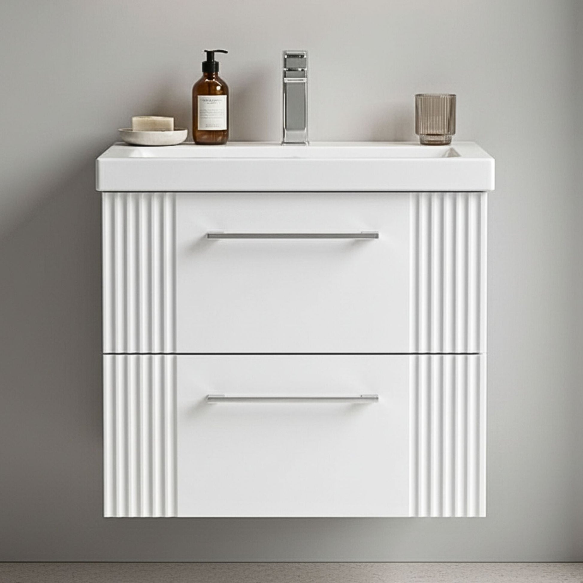 [BFPF192A] Belvide Partial Fluted 2 Drawer Wall Hung Vanity Unit with Mid-Edge 1 Tap Hole Ceramic Basin - Silo