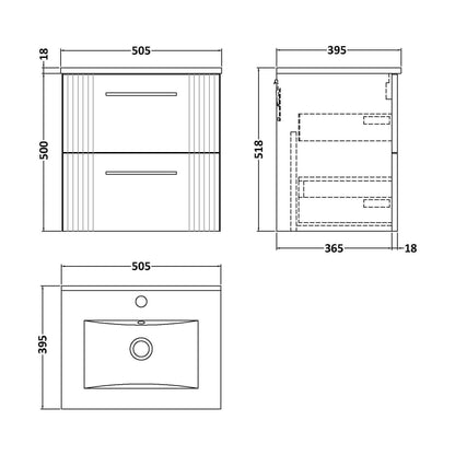 [BFPF192B] Partial Fluted 2 Drawer Wall Hung Vanity Unit with 1 Tap Hole Minimalist Basin - 500mm - Satin White - Technical Drawing