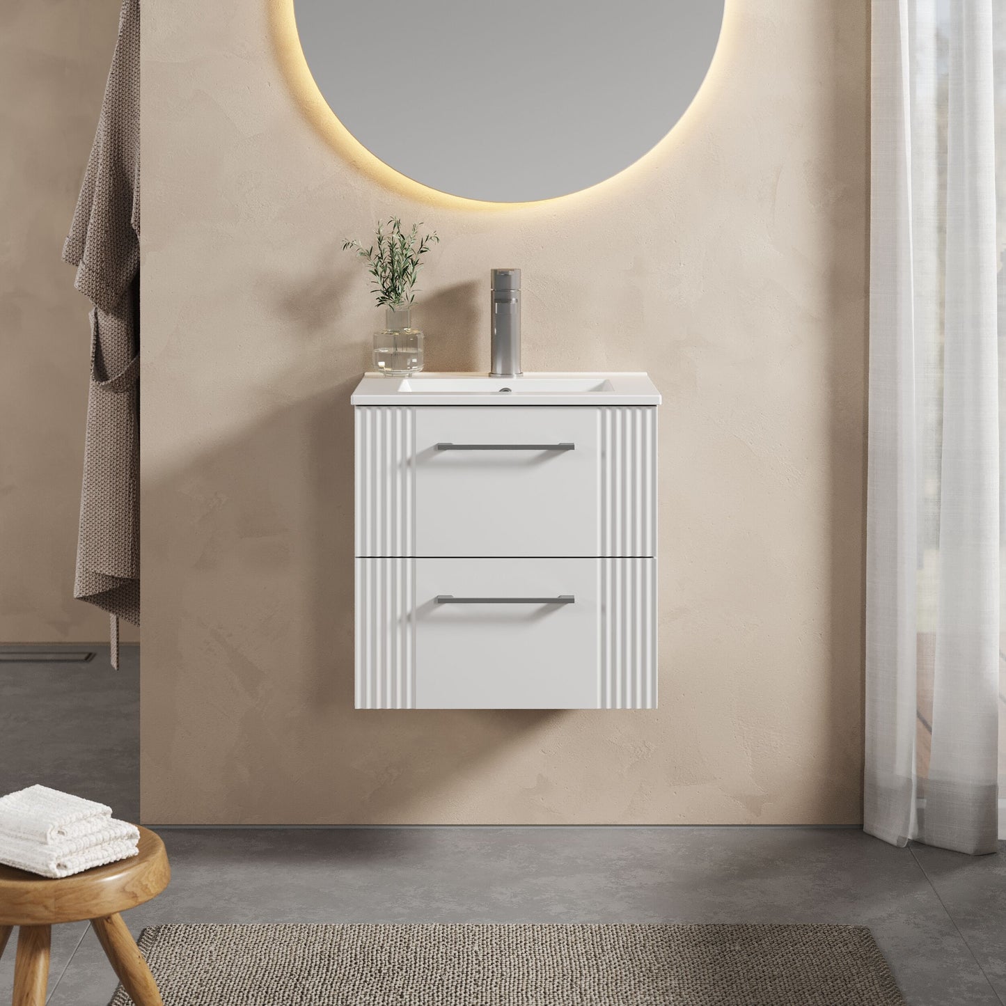 [BFPF192B] Partial Fluted 2 Drawer Wall Hung Vanity Unit with 1 Tap Hole Minimalist Basin - 500mm - Satin White - Lifestyle 1