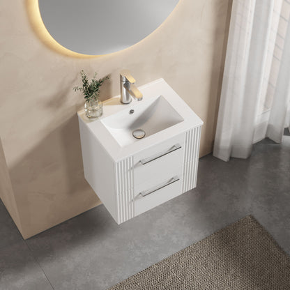 [BFPF192B] Partial Fluted 2 Drawer Wall Hung Vanity Unit with 1 Tap Hole Minimalist Basin - 500mm - Satin White - Lifestyle 2