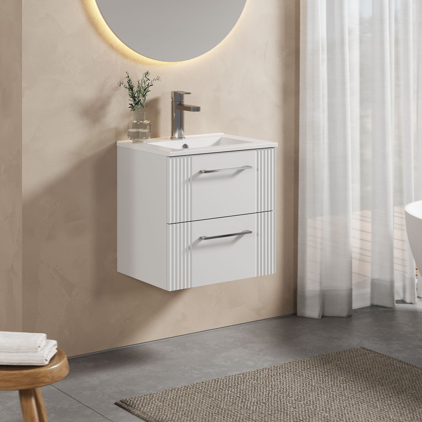 [BFPF192B] Partial Fluted 2 Drawer Wall Hung Vanity Unit with 1 Tap Hole Minimalist Basin - 500mm - Satin White - Lifestyle 3