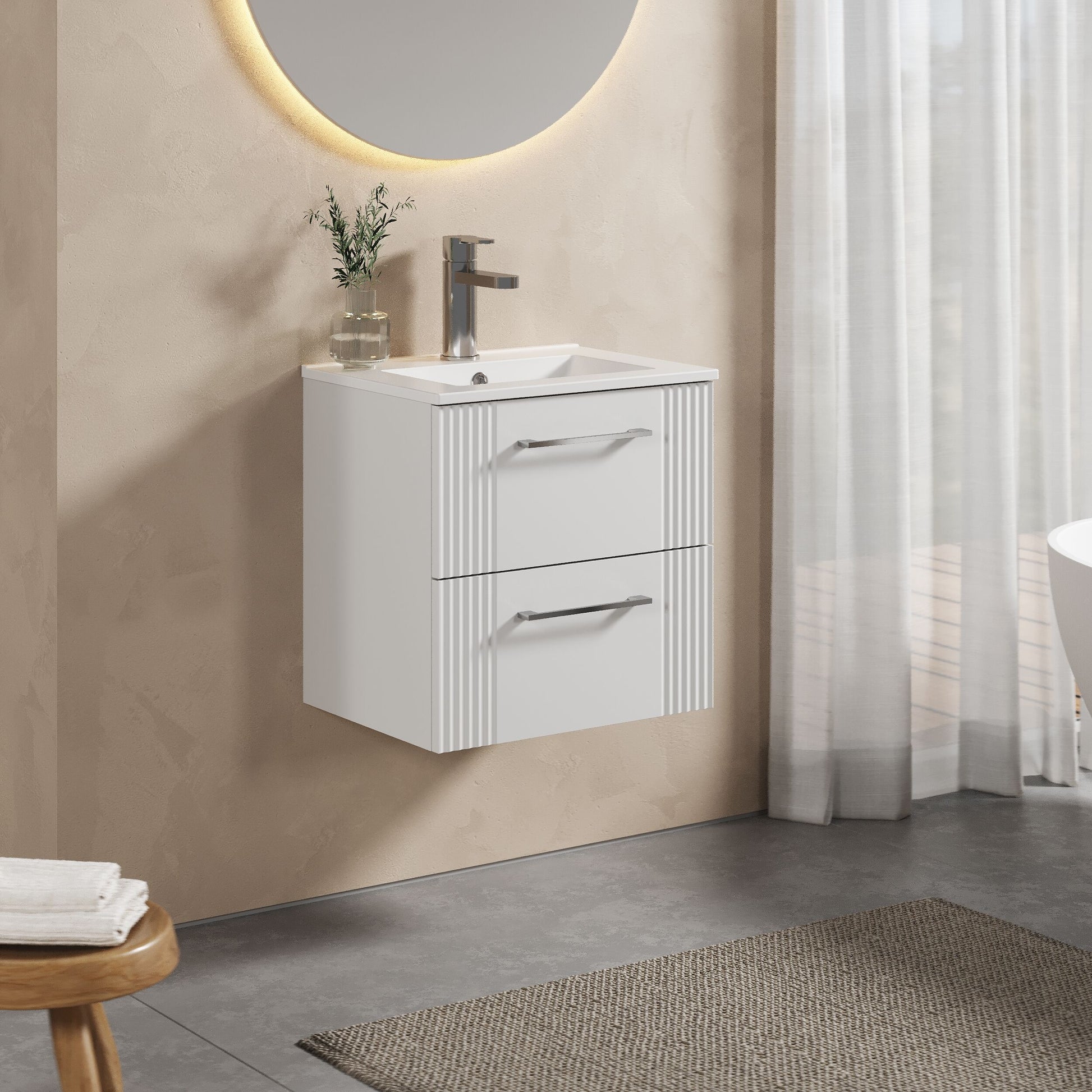 [BFPF192B] Partial Fluted 2 Drawer Wall Hung Vanity Unit with 1 Tap Hole Minimalist Basin - 500mm - Satin White - Lifestyle 3