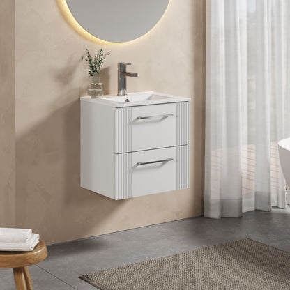 [BFPF192B] Partial Fluted 2 Drawer Wall Hung Vanity Unit with 1 Tap Hole Minimalist Basin - 500mm - Satin White - Lifestyle 3