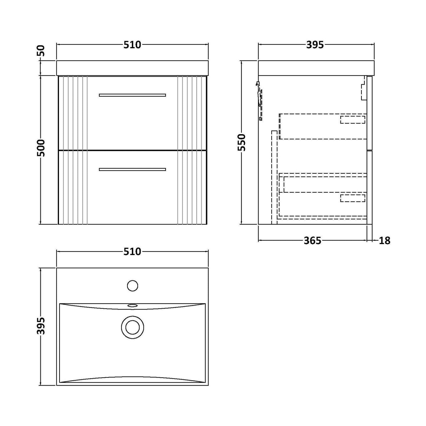 [BFPF192D] Partial Fluted 2 Drawer Wall Hung Vanity Unit with 1 Tap Hole Thin-Edge Basin- 500mm - Satin White - Technical Drawing
