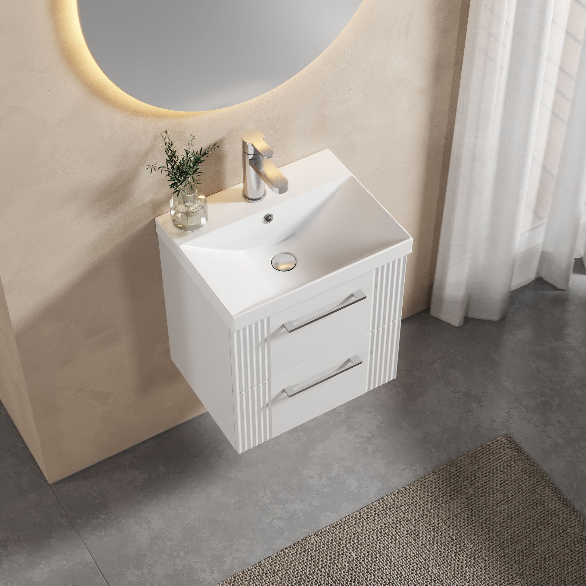 [BFPF192D] Partial Fluted 2 Drawer Wall Hung Vanity Unit with 1 Tap Hole Thin-Edge Basin- 500mm - Satin White - Lifestyle 2