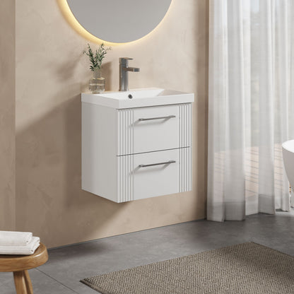 [BFPF192D] Partial Fluted 2 Drawer Wall Hung Vanity Unit with 1 Tap Hole Thin-Edge Basin- 500mm - Satin White - Lifestyle 3