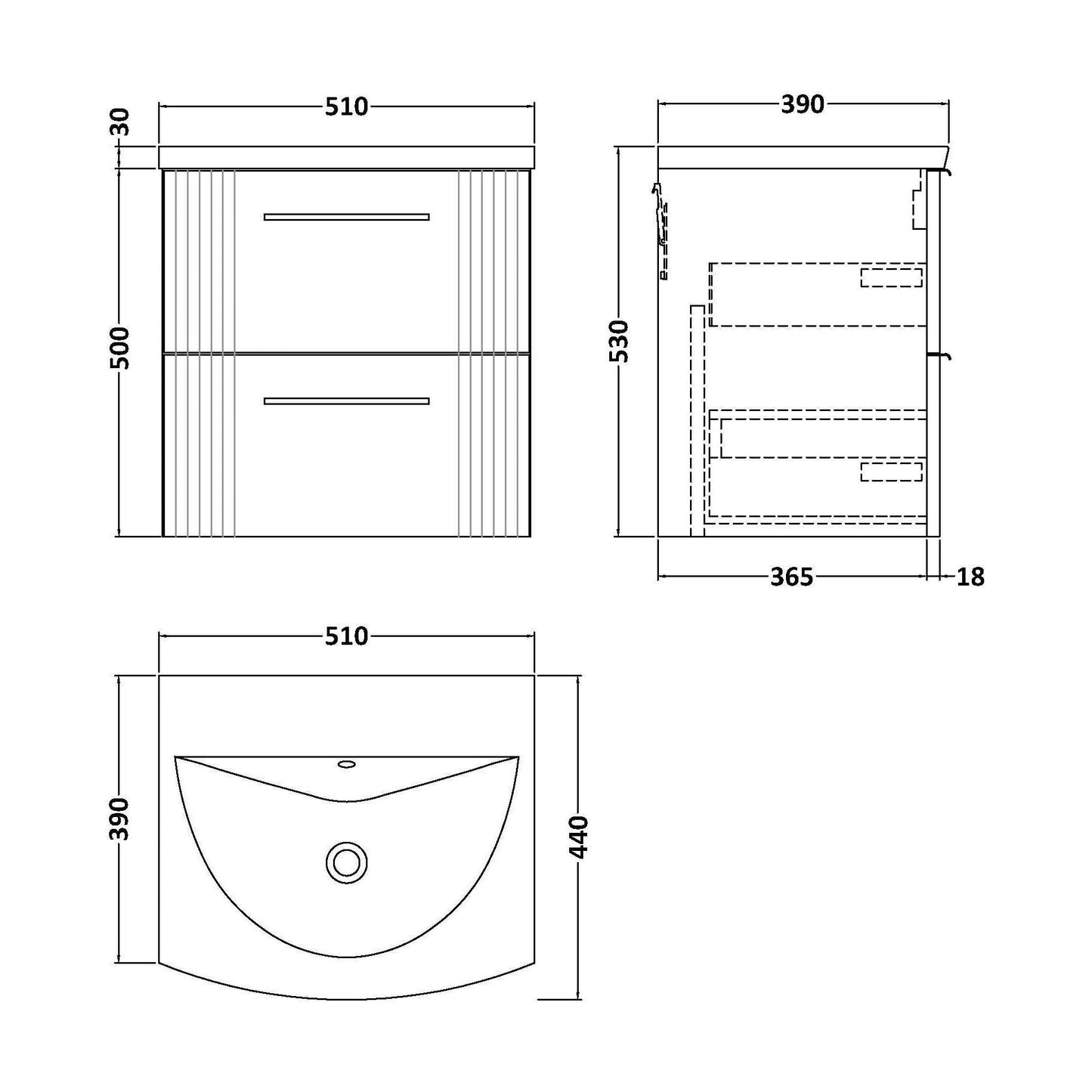 [BFPF192G] Partial Fluted 2 Drawer Wall Hung Vanity Unit with 1 Tap Hole Curved Basin- 500mm - Satin White - Technical Drawing