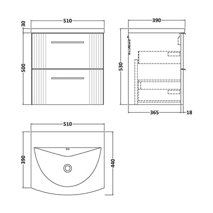 [BFPF192G] Partial Fluted 2 Drawer Wall Hung Vanity Unit with 1 Tap Hole Curved Basin- 500mm - Satin White - Technical Drawing