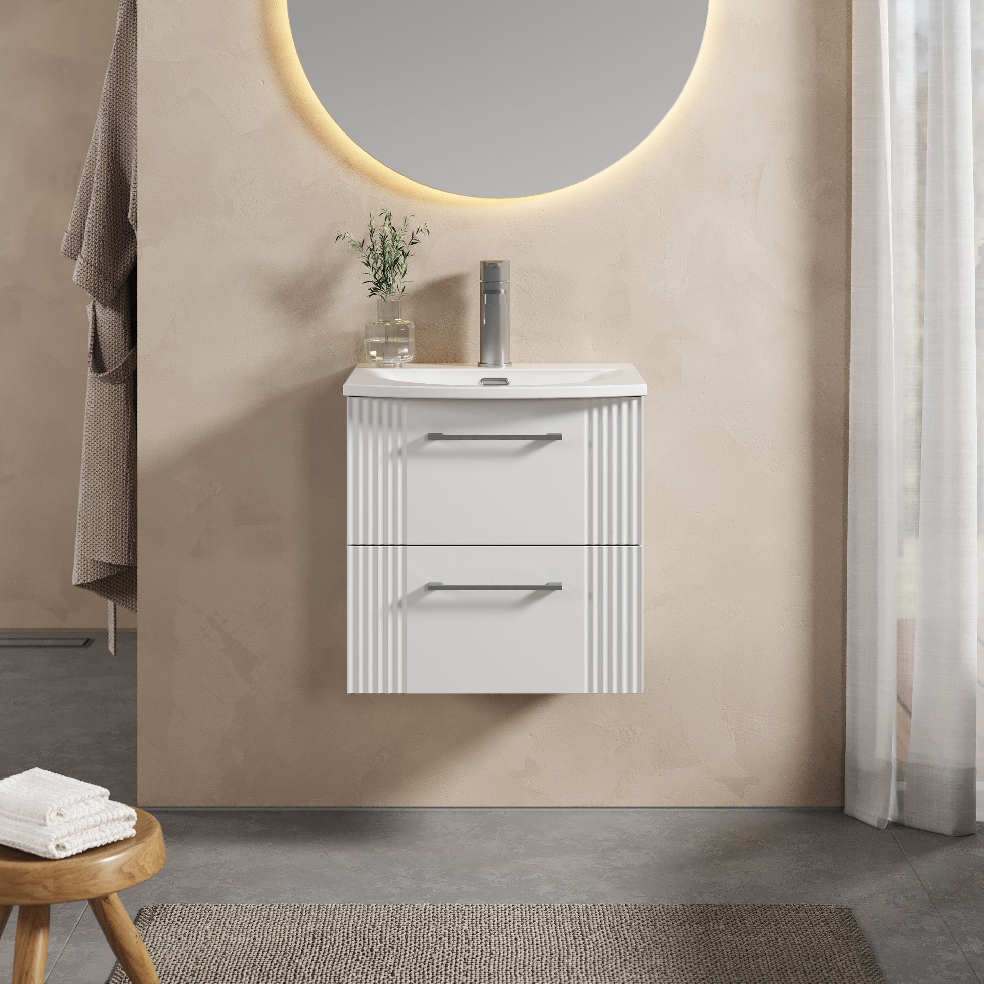 [BFPF192G] Partial Fluted 2 Drawer Wall Hung Vanity Unit with 1 Tap Hole Curved Basin- 500mm - Satin White - Lifestyle 1