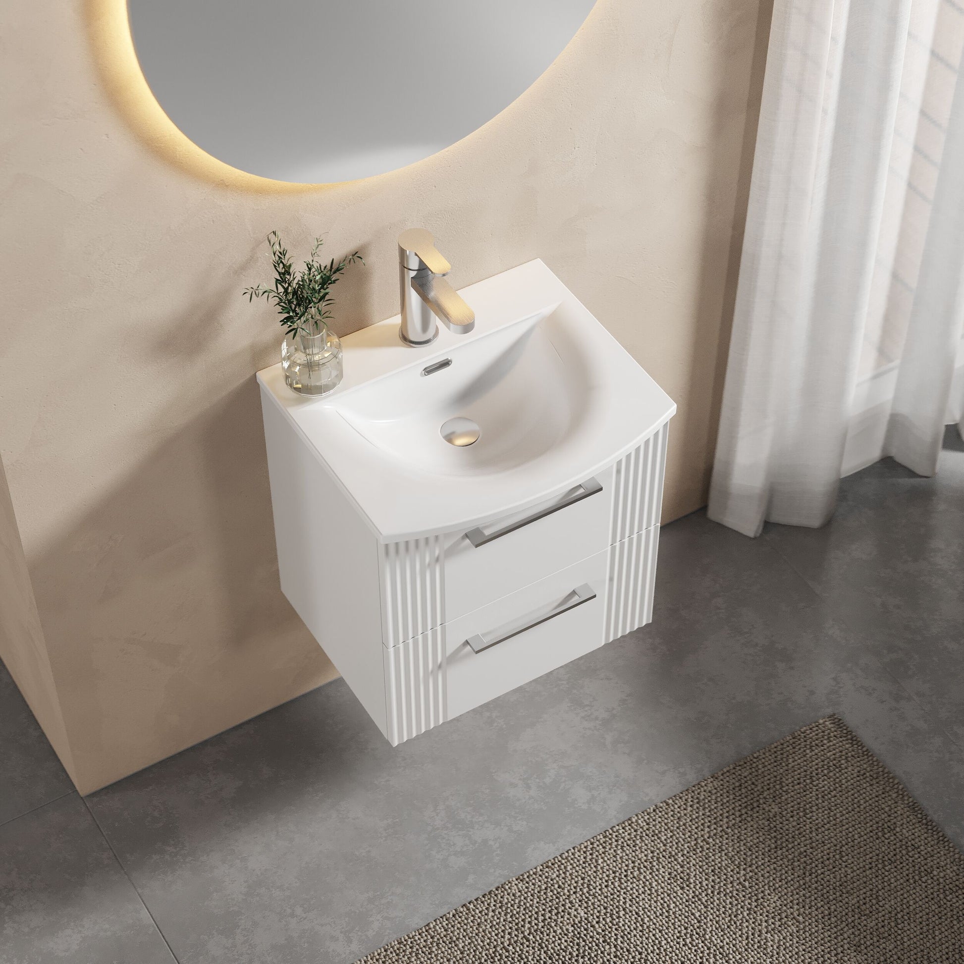 [BFPF192G] Partial Fluted 2 Drawer Wall Hung Vanity Unit with 1 Tap Hole Curved Basin- 500mm - Satin White - Lifestyle 2
