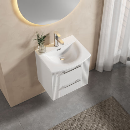 [BFPF192G] Partial Fluted 2 Drawer Wall Hung Vanity Unit with 1 Tap Hole Curved Basin- 500mm - Satin White - Lifestyle 2