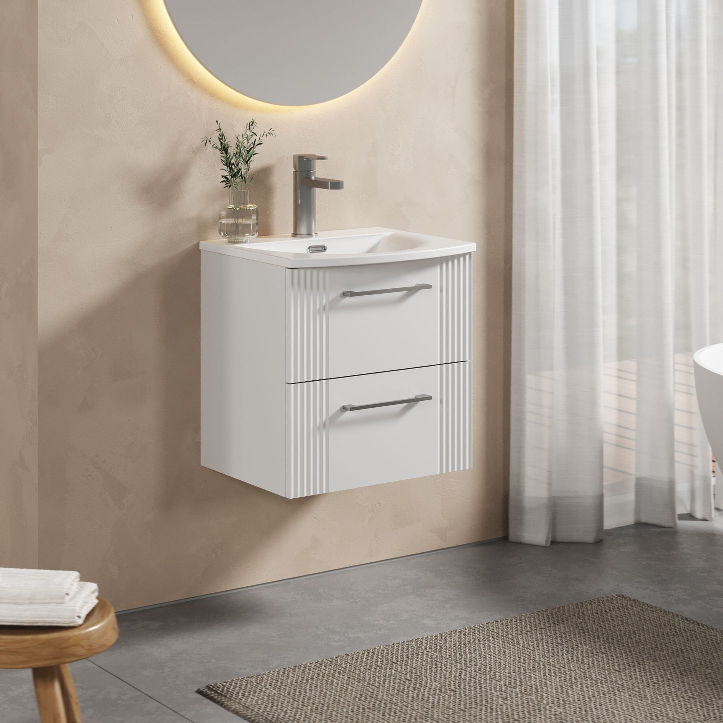 [BFPF192G] Partial Fluted 2 Drawer Wall Hung Vanity Unit with 1 Tap Hole Curved Basin- 500mm - Satin White - Lifestyle 3