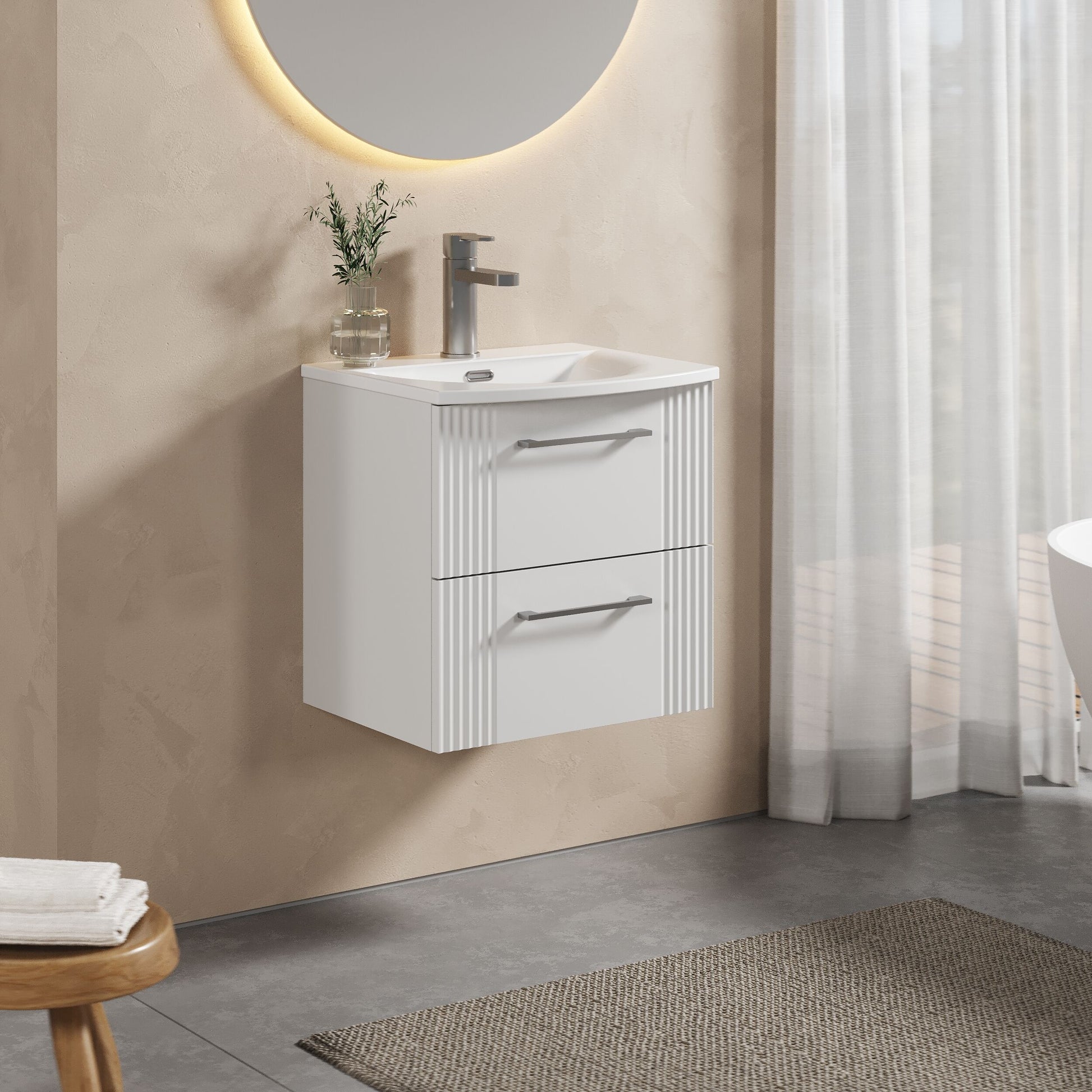 [BFPF192G] Partial Fluted 2 Drawer Wall Hung Vanity Unit with 1 Tap Hole Curved Basin- 500mm - Satin White - Lifestyle 3
