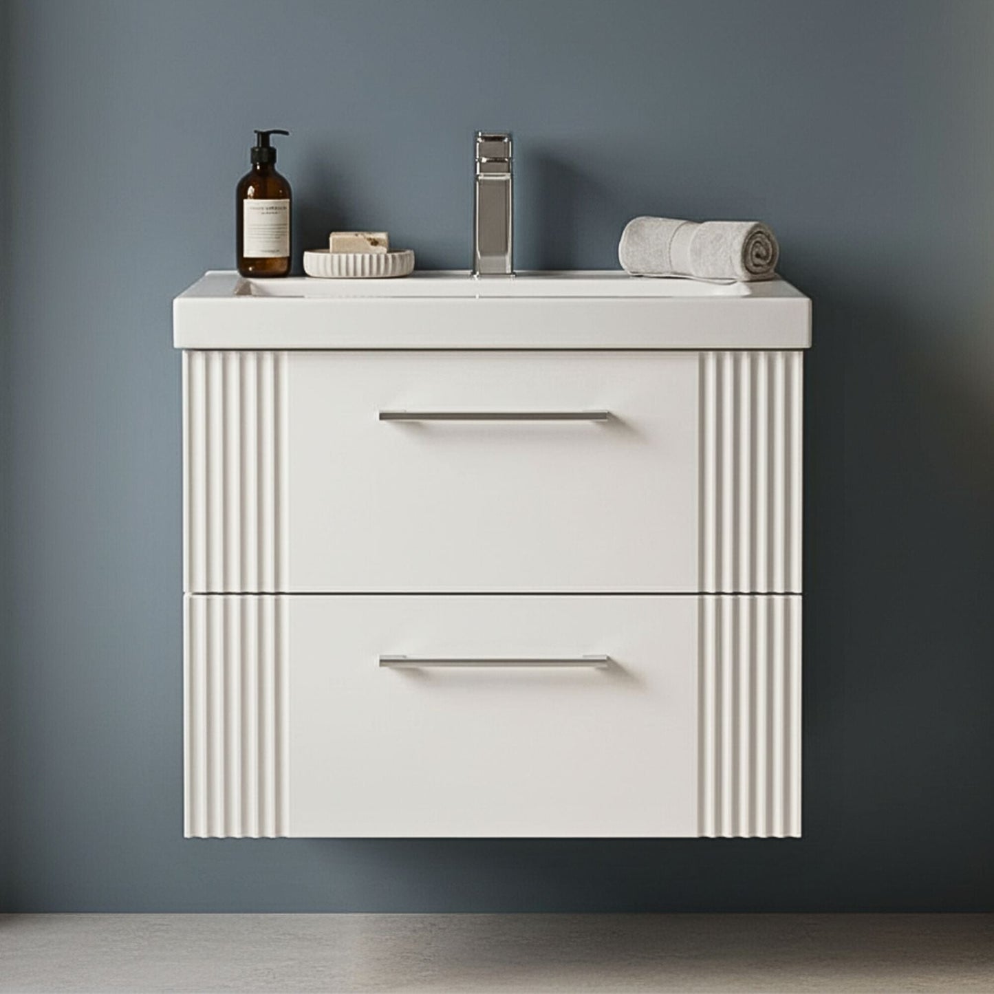 [BFPF193A] Belvide Partial Fluted 2 Drawer Wall Hung Vanity Unit with Mid-Edge 1 Tap Hole Ceramic Basin - Silo