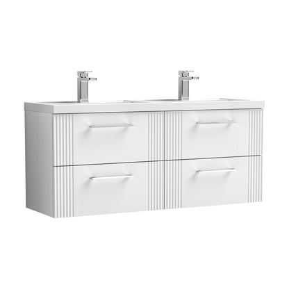 [BFPF193C] Partial Fluted 4 Drawer Wall Hung Vanity Unit with Double Polymarble Basin - 1200mm - Satin White - Cutout