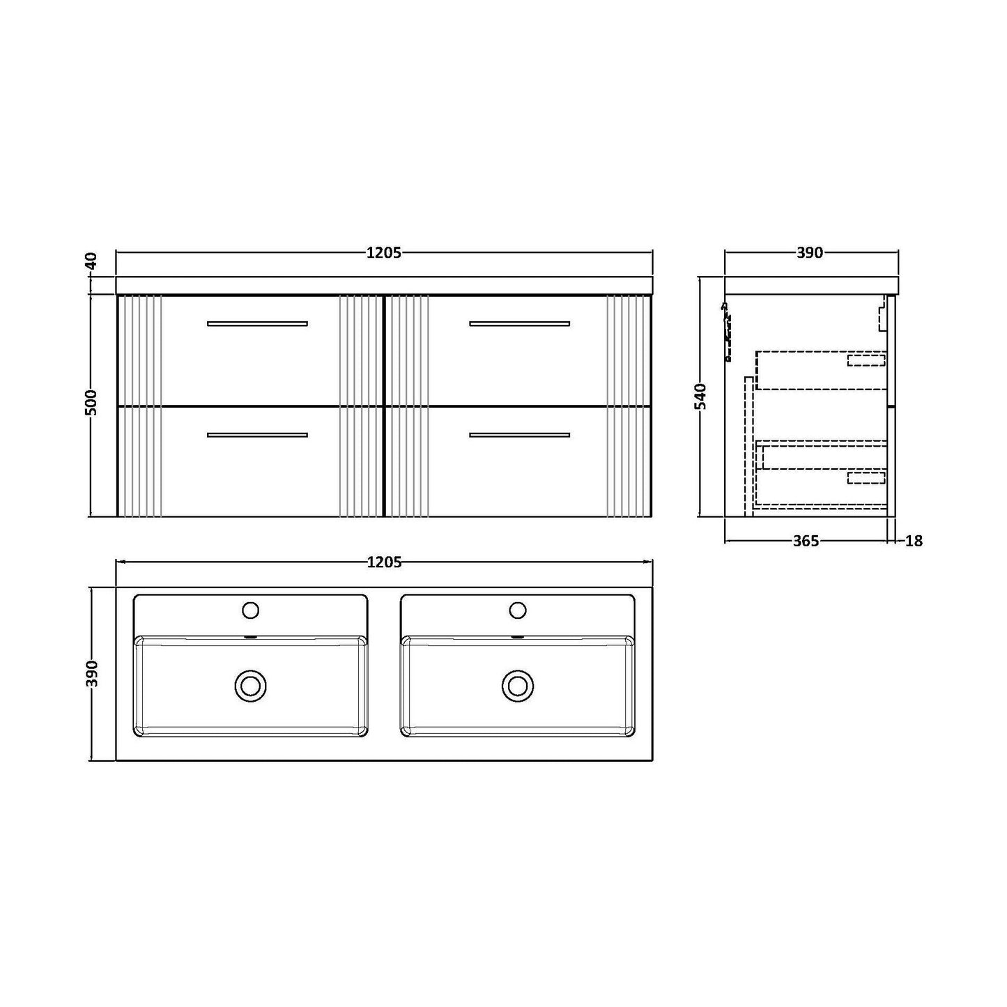 [BFPF193C] Partial Fluted 4 Drawer Wall Hung Vanity Unit with Double Polymarble Basin - 1200mm - Satin White - Technical Drawing