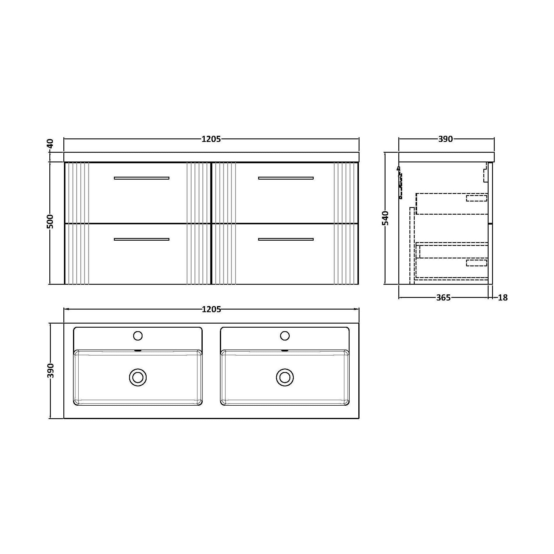 [BFPF193C] Partial Fluted 4 Drawer Wall Hung Vanity Unit with Double Polymarble Basin - 1200mm - Satin White - Technical Drawing