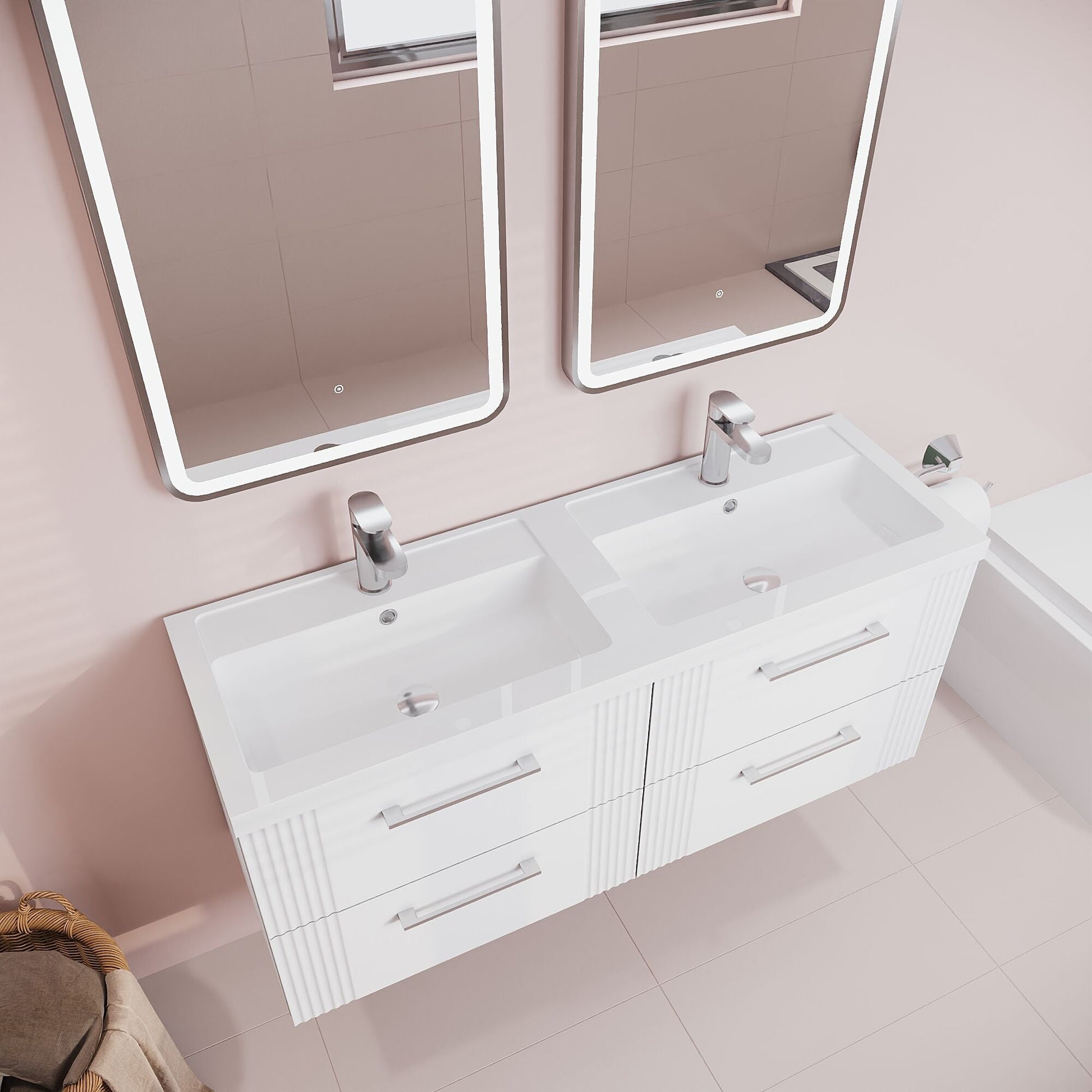 [BFPF193C] Partial Fluted 4 Drawer Wall Hung Vanity Unit with Double Polymarble Basin - 1200mm - Satin White - Lifestyle 2
