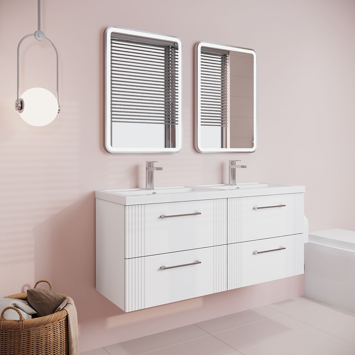 [BFPF193C] Partial Fluted 4 Drawer Wall Hung Vanity Unit with Double Polymarble Basin - 1200mm - Satin White - Lifestyle 3
