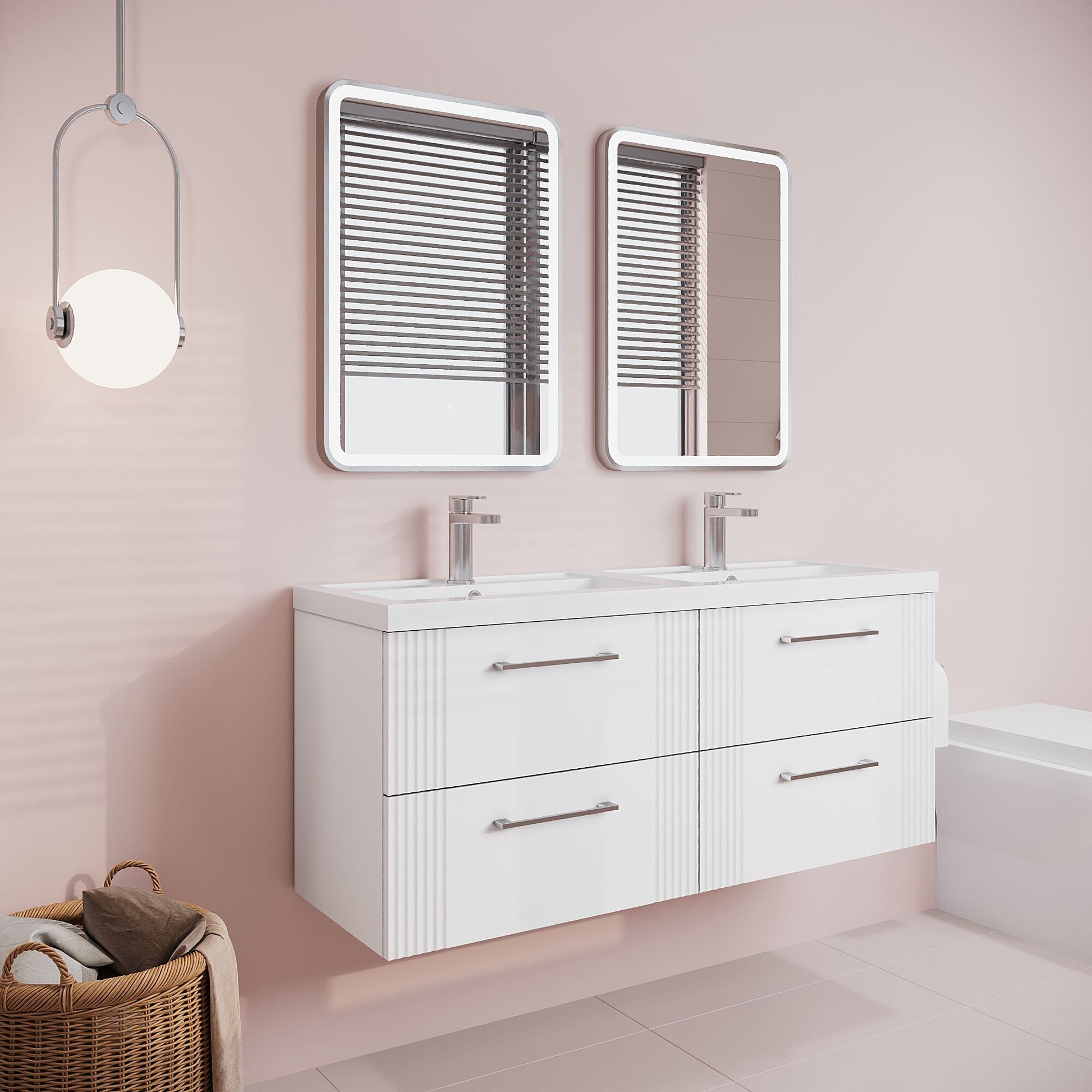 [BFPF193C] Partial Fluted 4 Drawer Wall Hung Vanity Unit with Double Polymarble Basin - 1200mm - Satin White - Lifestyle 3