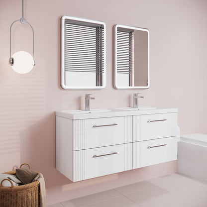 [BFPF193C] Partial Fluted 4 Drawer Wall Hung Vanity Unit with Double Polymarble Basin - 1200mm - Satin White - Lifestyle 3