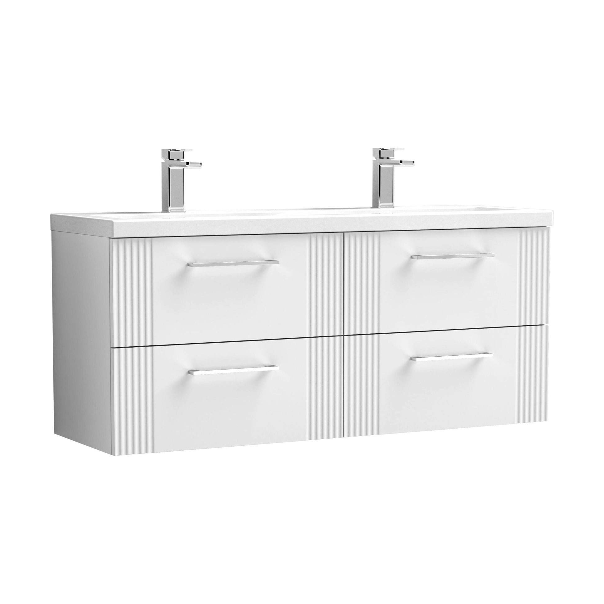 [BFPF193F] Partial Fluted 4 Drawer Wall Hung Vanity Unit with Double Ceramic Basin - 1200mm - Satin White - Cutout
