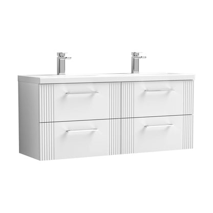 [BFPF193F] Partial Fluted 4 Drawer Wall Hung Vanity Unit with Double Ceramic Basin - 1200mm - Satin White - Cutout