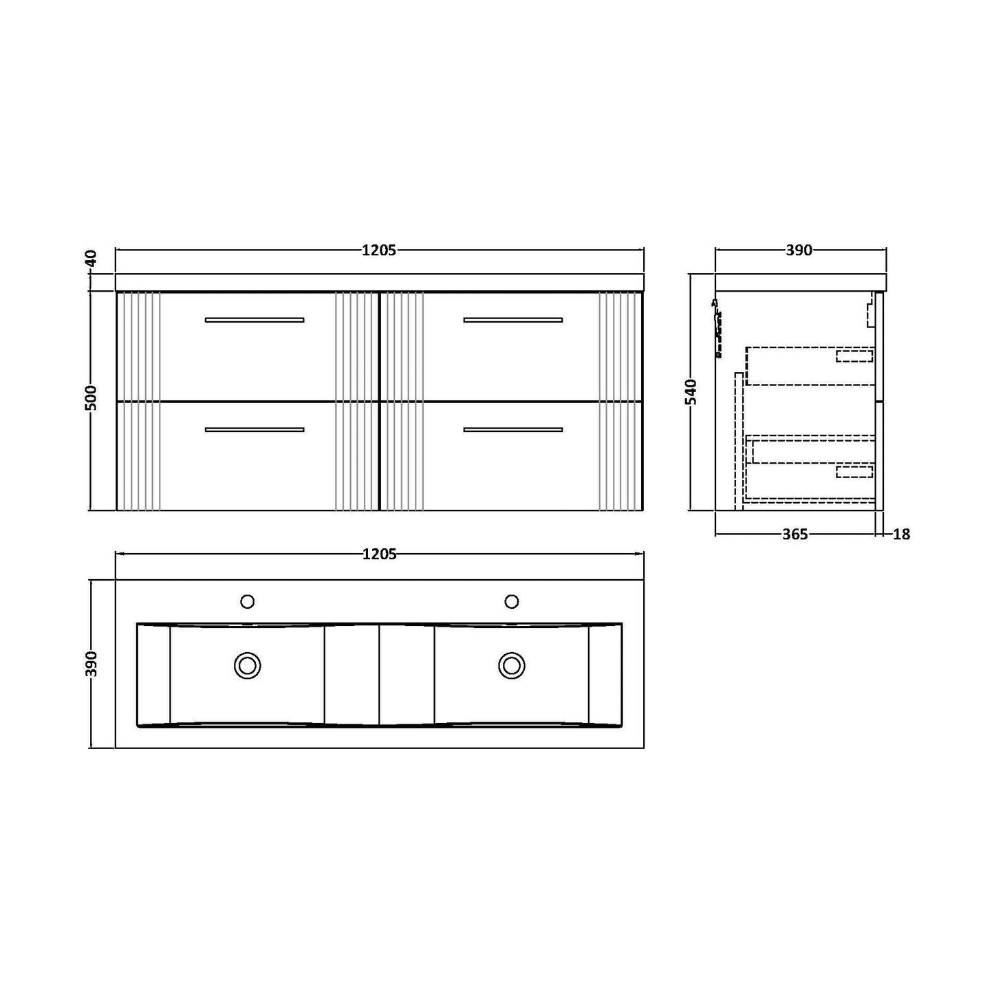 [BFPF193F] Partial Fluted 4 Drawer Wall Hung Vanity Unit with Double Ceramic Basin - 1200mm - Satin White - Technical Drawing