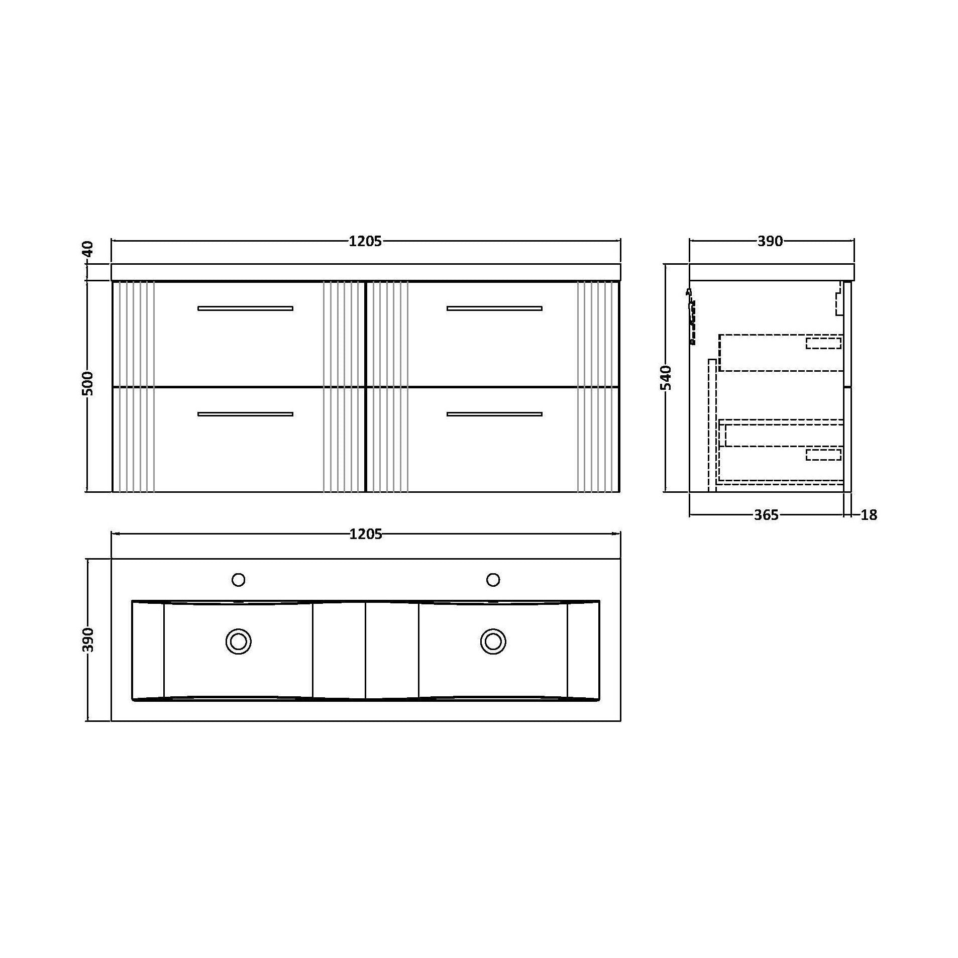 [BFPF193F] Partial Fluted 4 Drawer Wall Hung Vanity Unit with Double Ceramic Basin - 1200mm - Satin White - Technical Drawing