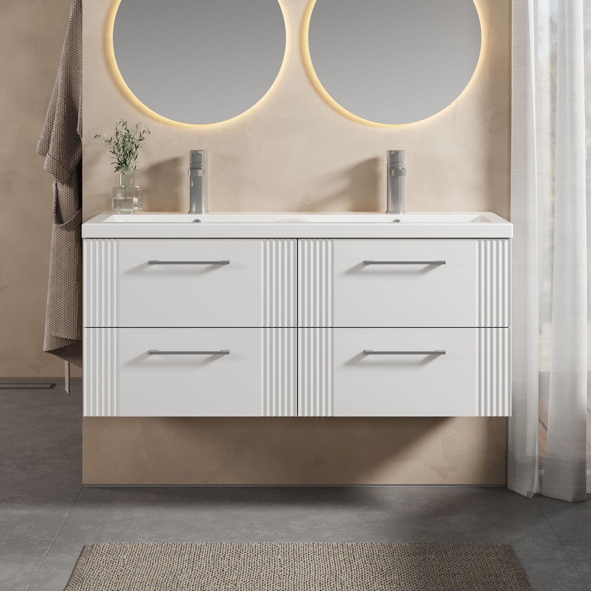 [BFPF193F] Partial Fluted 4 Drawer Wall Hung Vanity Unit with Double Ceramic Basin - 1200mm - Satin White - Lifestyle 1