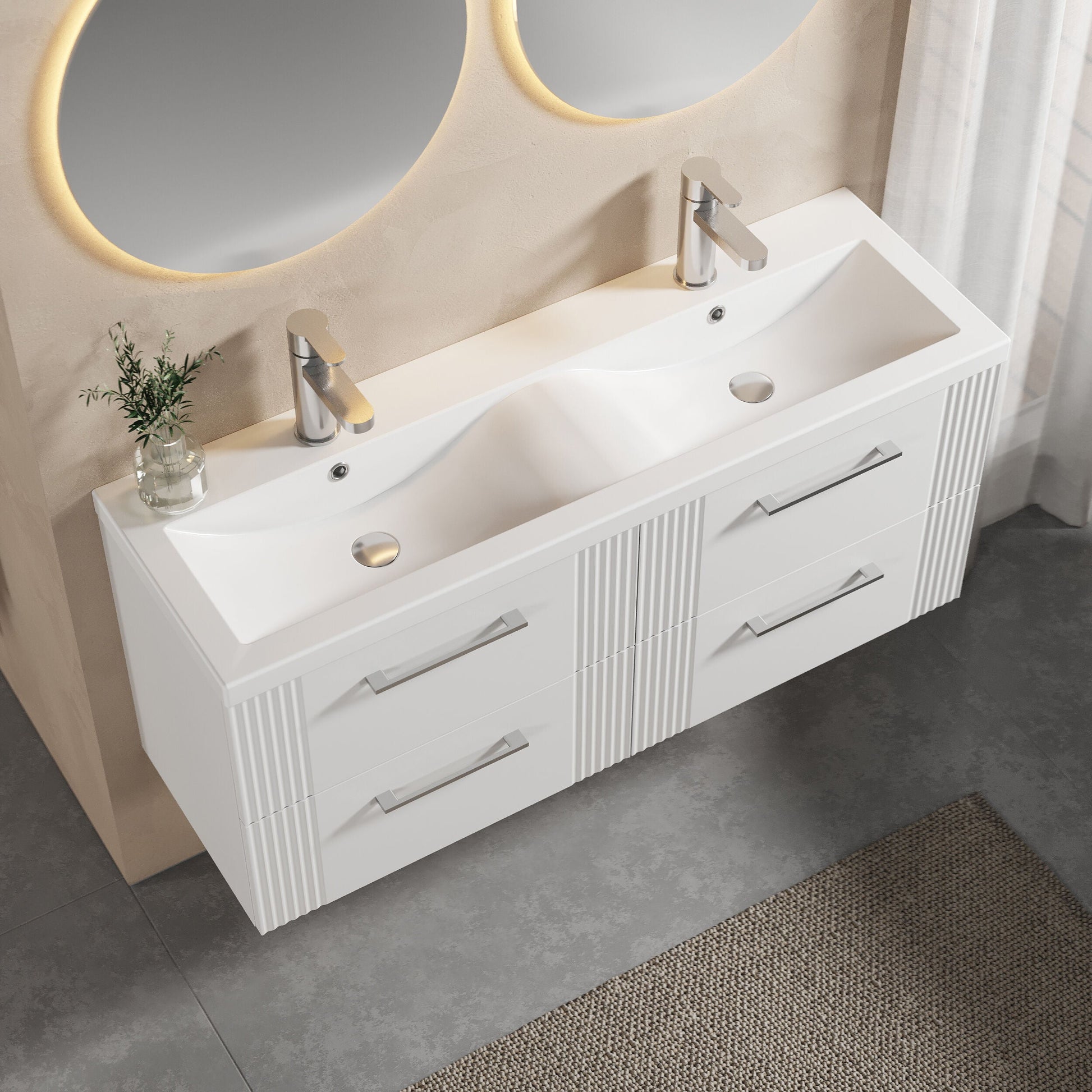 [BFPF193F] Partial Fluted 4 Drawer Wall Hung Vanity Unit with Double Ceramic Basin - 1200mm - Satin White - Lifestyle 2