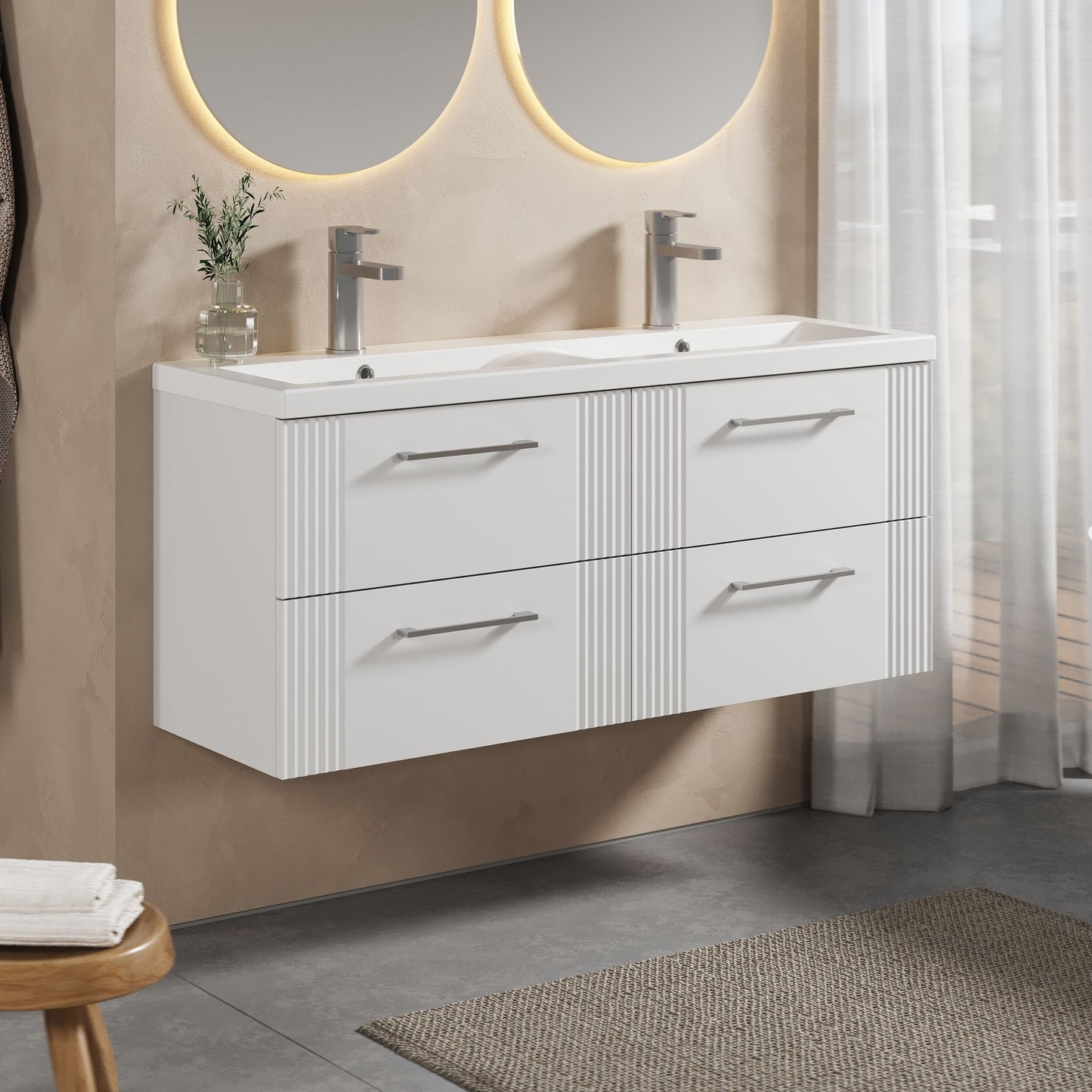 [BFPF193F] Partial Fluted 4 Drawer Wall Hung Vanity Unit with Double Ceramic Basin - 1200mm - Satin White - Lifestyle 3