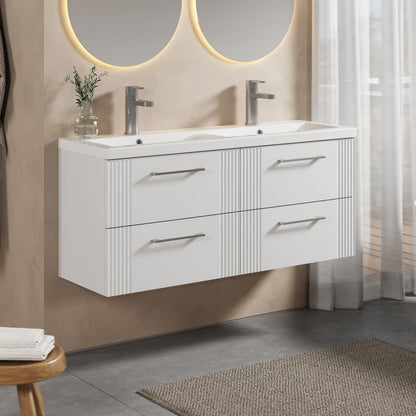[BFPF193F] Partial Fluted 4 Drawer Wall Hung Vanity Unit with Double Ceramic Basin - 1200mm - Satin White - Lifestyle 3