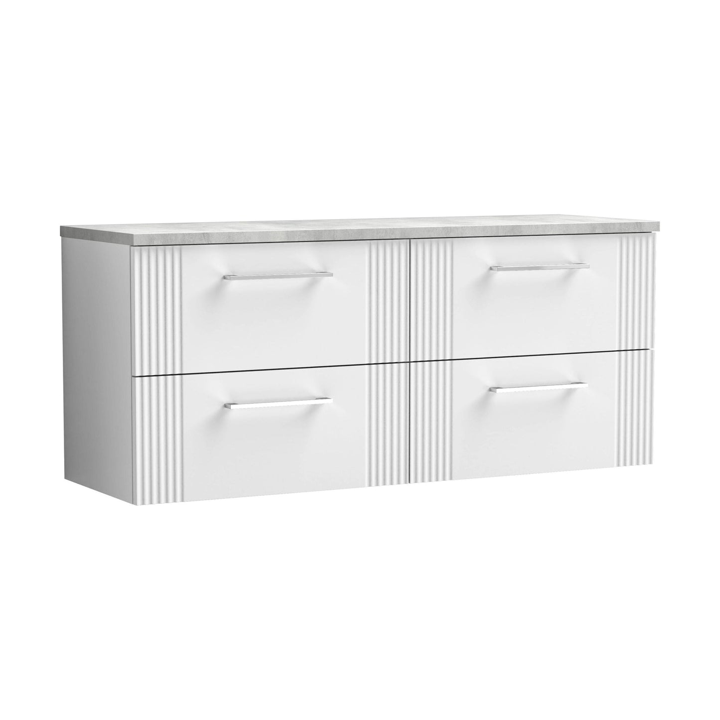 [BFPF193LBG2] Partial Fluted 4 Drawer Wall Hung Vanity Unit with Bellato Grey Laminate Worktop - 1200mm - Satin White - Cutout