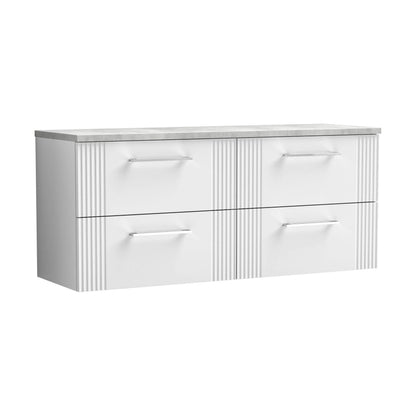 [BFPF193LBG2] Partial Fluted 4 Drawer Wall Hung Vanity Unit with Bellato Grey Laminate Worktop - 1200mm - Satin White - Cutout