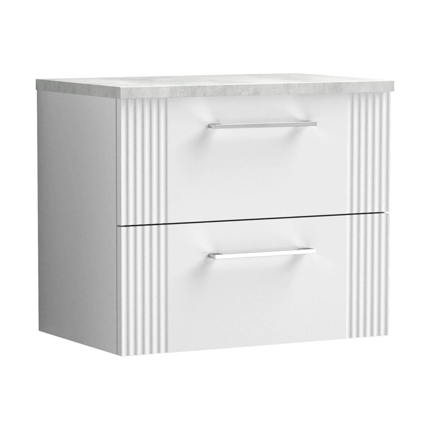 [BFPF193LBG] Partial Fluted 2 Drawer Wall Hung Vanity Unit with Bellato Grey Laminate Worktop - 600mm - Satin White - Cutout