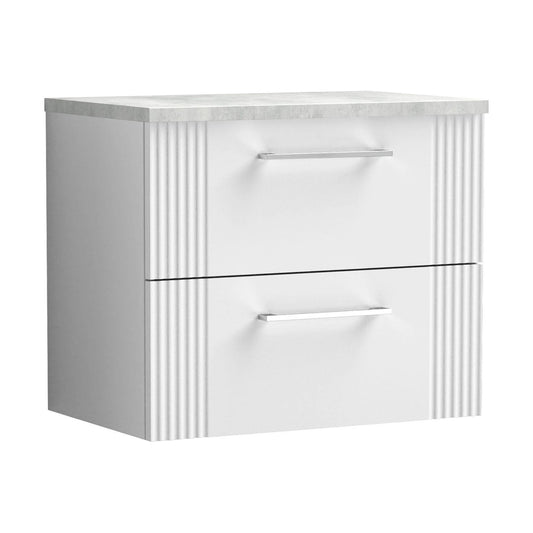 [BFPF193LBG] Partial Fluted 2 Drawer Wall Hung Vanity Unit with Bellato Grey Laminate Worktop - 600mm - Satin White - Cutout