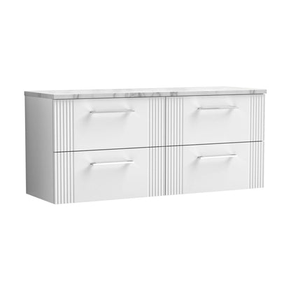 [BFPF193LCM2] Partial Fluted 4 Drawer Wall Hung Vanity Unit with Carrera Marble Laminate Worktop - 1200mm - Satin White - Cutout