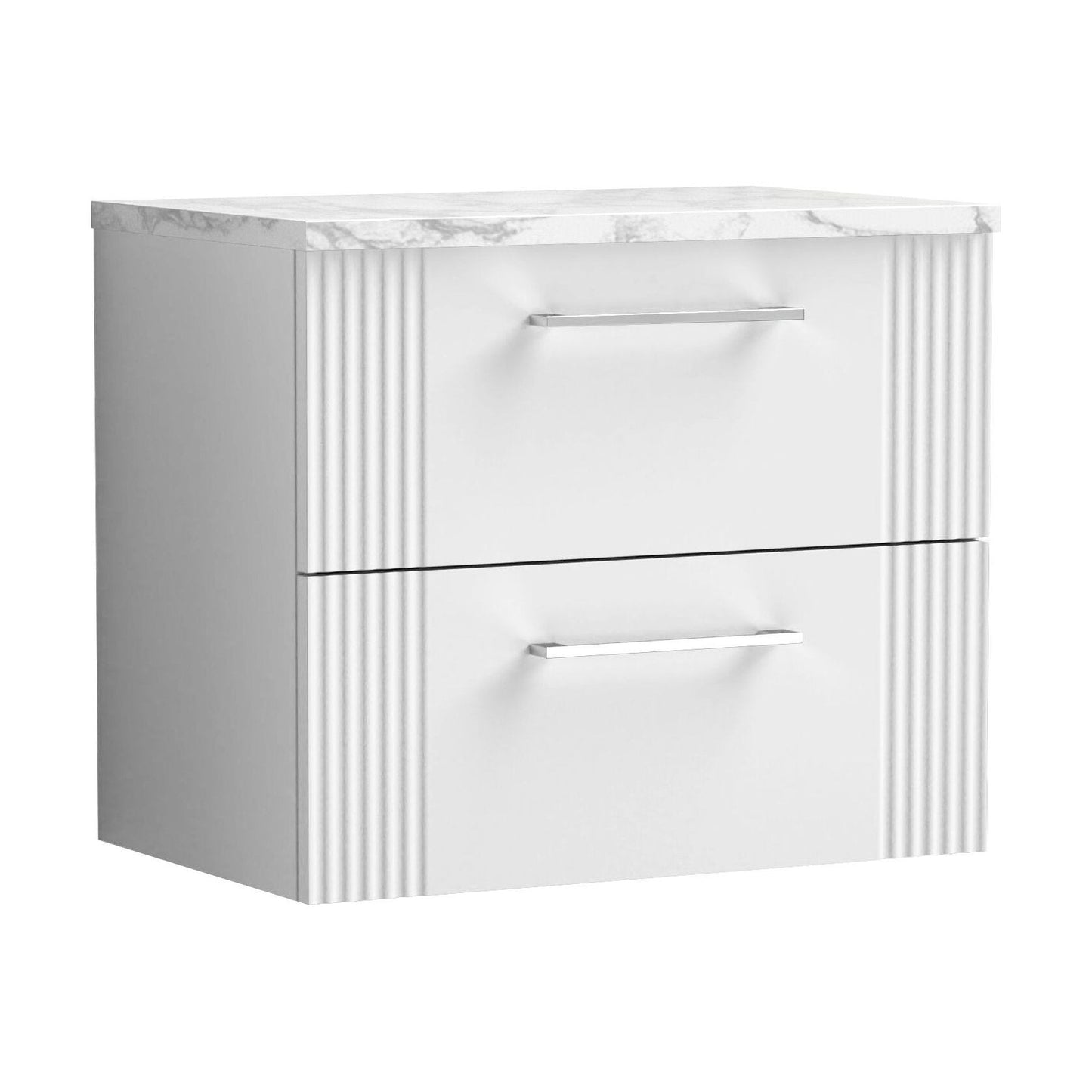 [BFPF193LCM] Partial Fluted 2 Drawer Wall Hung Vanity Unit with Carrera Marble Laminate Worktop - 600mm - Satin White - Cutout