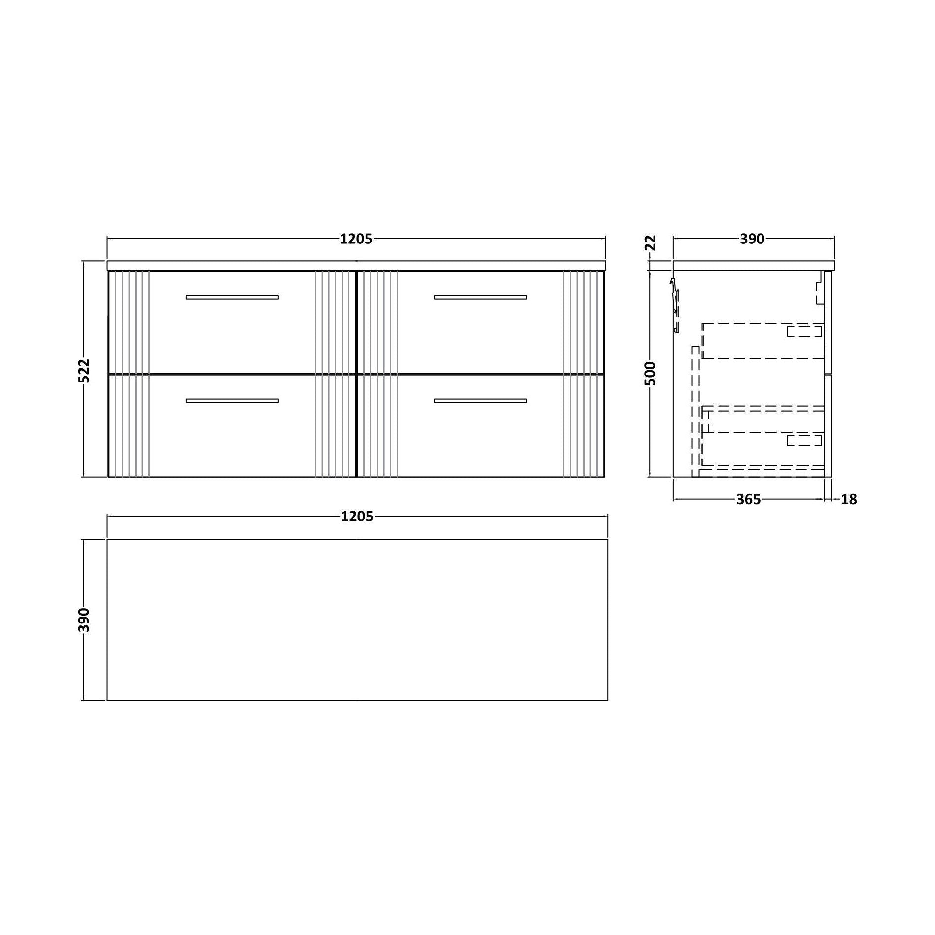 [BFPF193LSW2] Partial Fluted 4 Drawer Wall Hung Vanity Unit with Sparkling White Laminate Worktop - 1200mm - Satin White - Technical Drawing