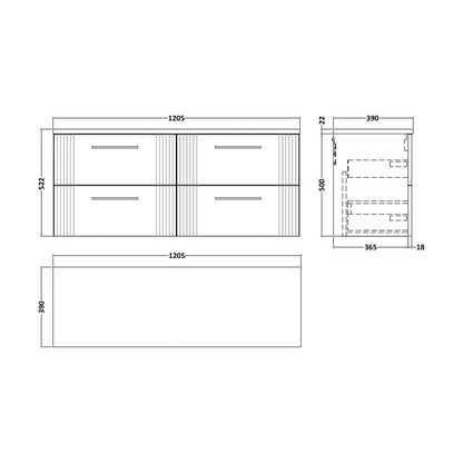 [BFPF193LSW2] Partial Fluted 4 Drawer Wall Hung Vanity Unit with Sparkling White Laminate Worktop - 1200mm - Satin White - Technical Drawing