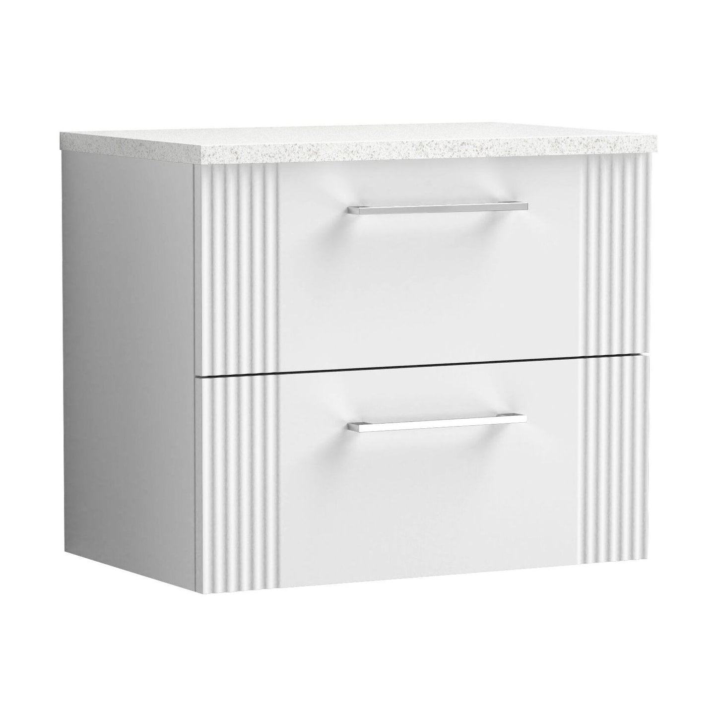 [BFPF193LSW] Partial Fluted 2 Drawer Wall Hung Vanity Unit with Sparkling White Laminate Worktop - 600mm - Satin White - Cutout