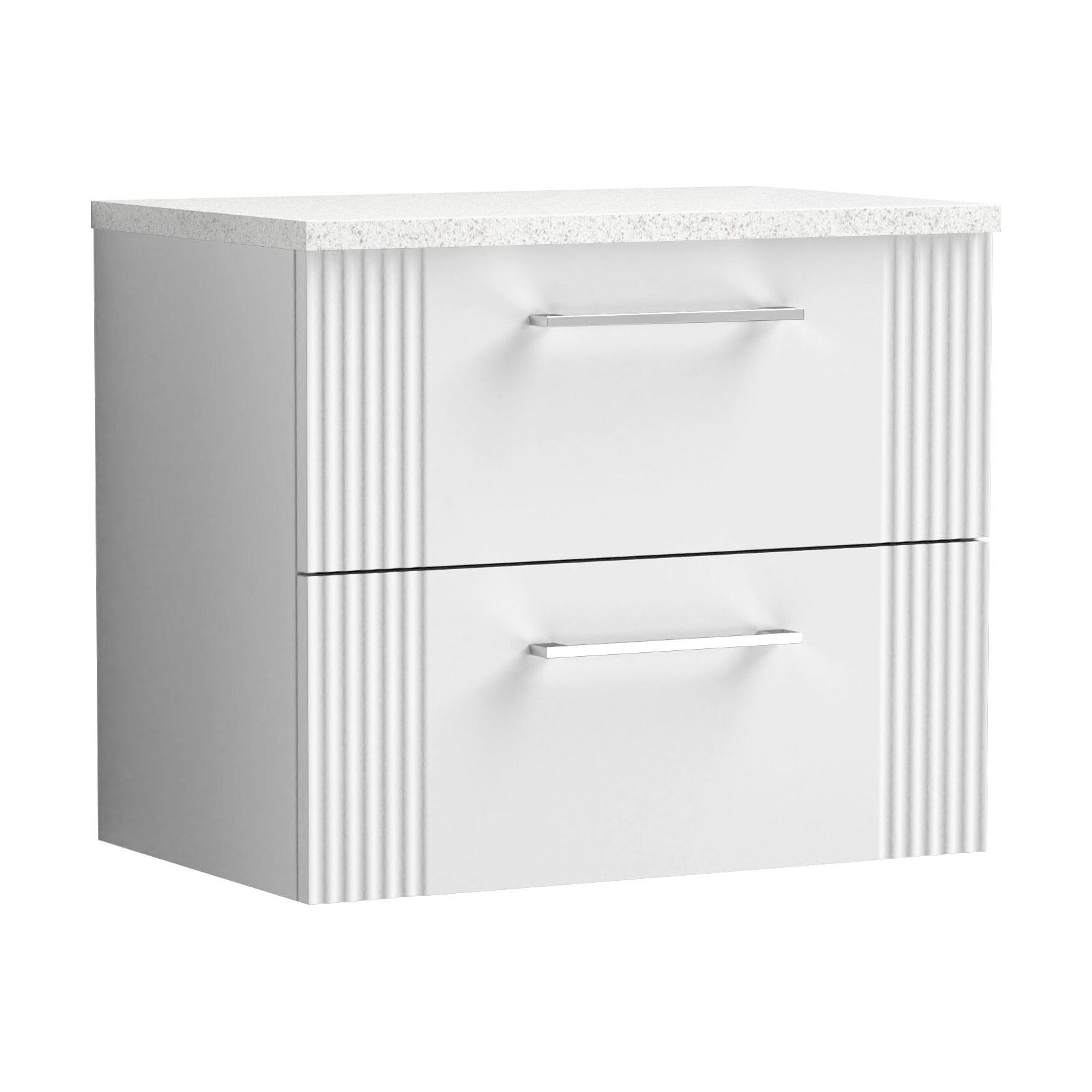 [BFPF193LSW] Partial Fluted 2 Drawer Wall Hung Vanity Unit with Sparkling White Laminate Worktop - 600mm - Satin White - Cutout