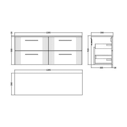 [BFPF193W2] Partial Fluted 4 Drawer Wall Hung Vanity Unit with Colour Coordinating Worktop - 1200mm - Satin White - Technical Drawing