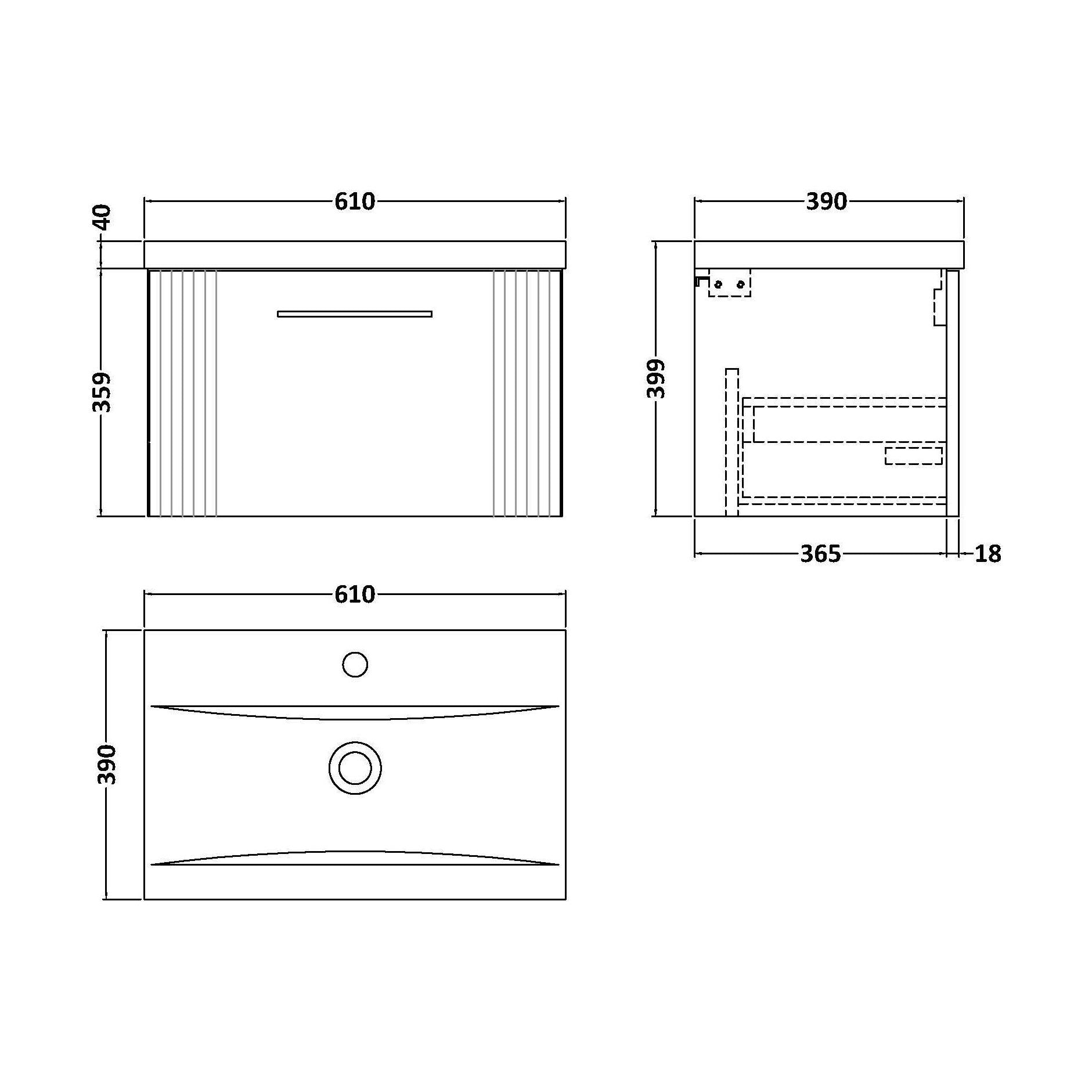 [BFPF194A] Belvide Partial Fluted 1 Drawer Wall Hung Vanity Unit with Mid-Edge 1 Tap Hole Ceramic Basin - Technical Drawing