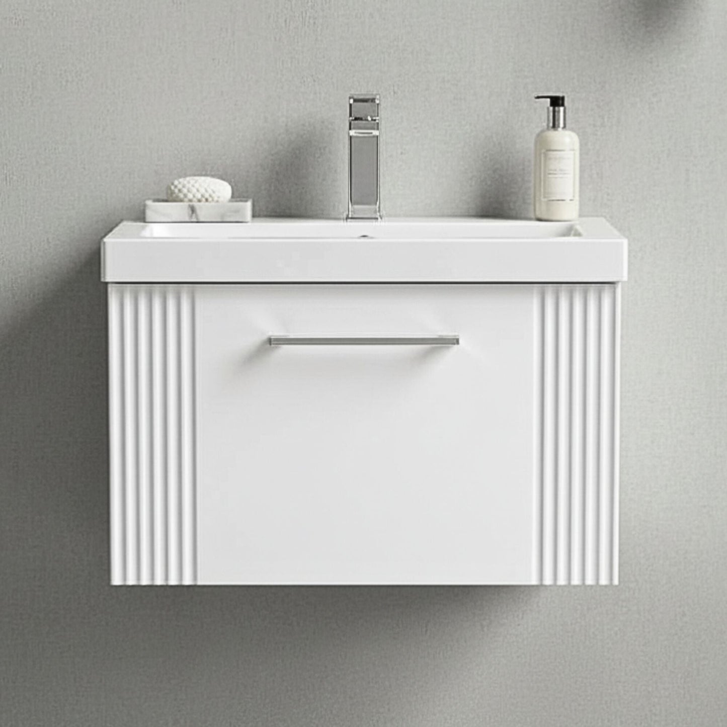 [BFPF194A] Belvide Partial Fluted 1 Drawer Wall Hung Vanity Unit with Mid-Edge 1 Tap Hole Ceramic Basin - Silo